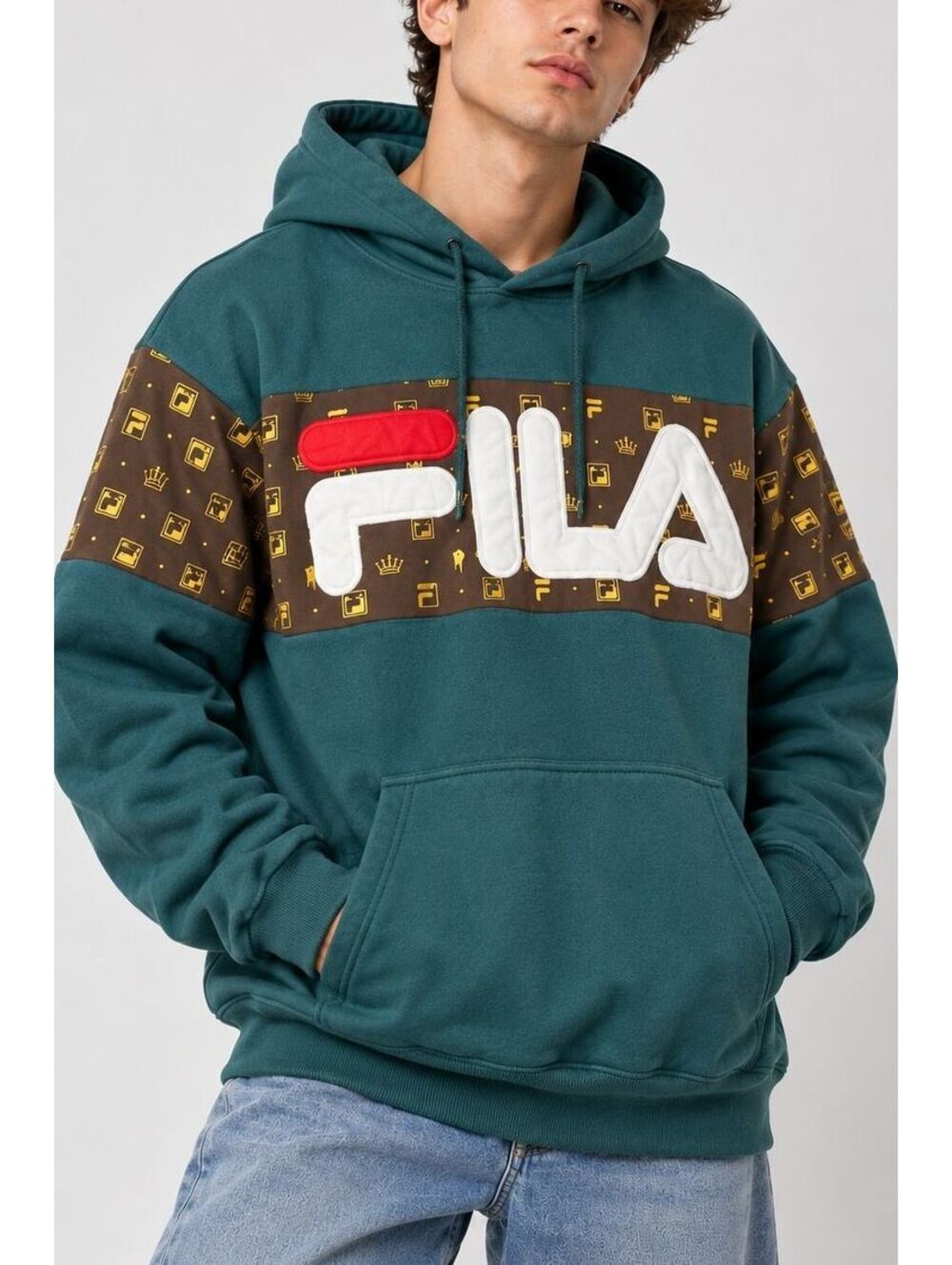 FILA x Urban Outfitters Hoodie Mens M Teal Brown Crown Y2K Retro Streetwear